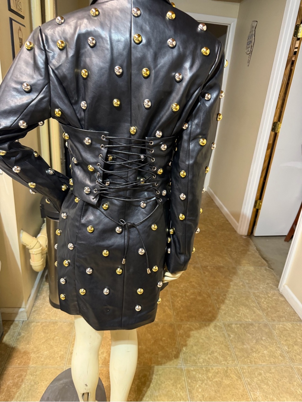 AKIRA Black Leather Studded Long sleeve dress with Gold & Silver Accents - Picture 2 of 4